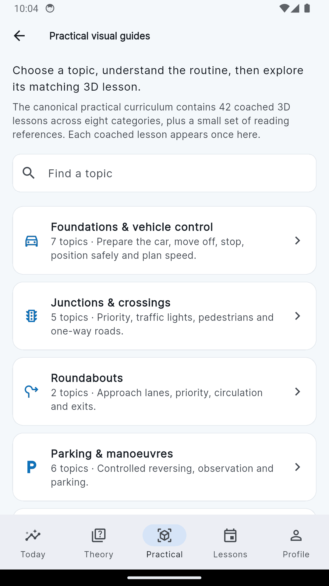 Practical guides screen in the Learn and Drive app